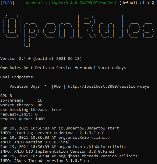 OpenRules REST local server console