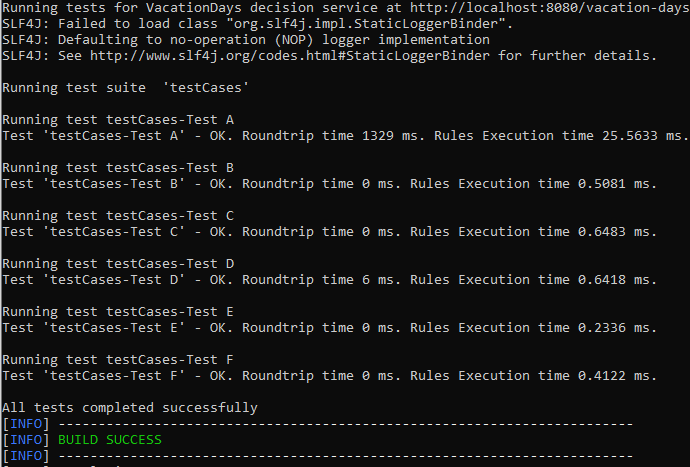 OpenRules REST client and server test output