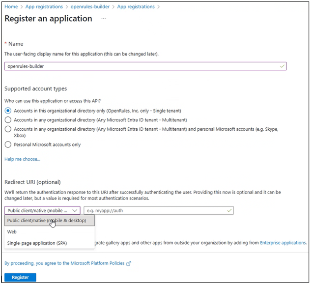 Microsoft Entra application registration for openrules-builder