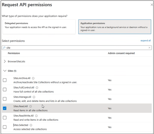 Selecting Microsoft Graph application permissions